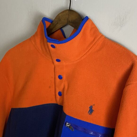 POLO RALPH LAUREN Mens Orange Blue Colorblock Fleece Jacket Size L T Snap Logo - Picture 3 of 13